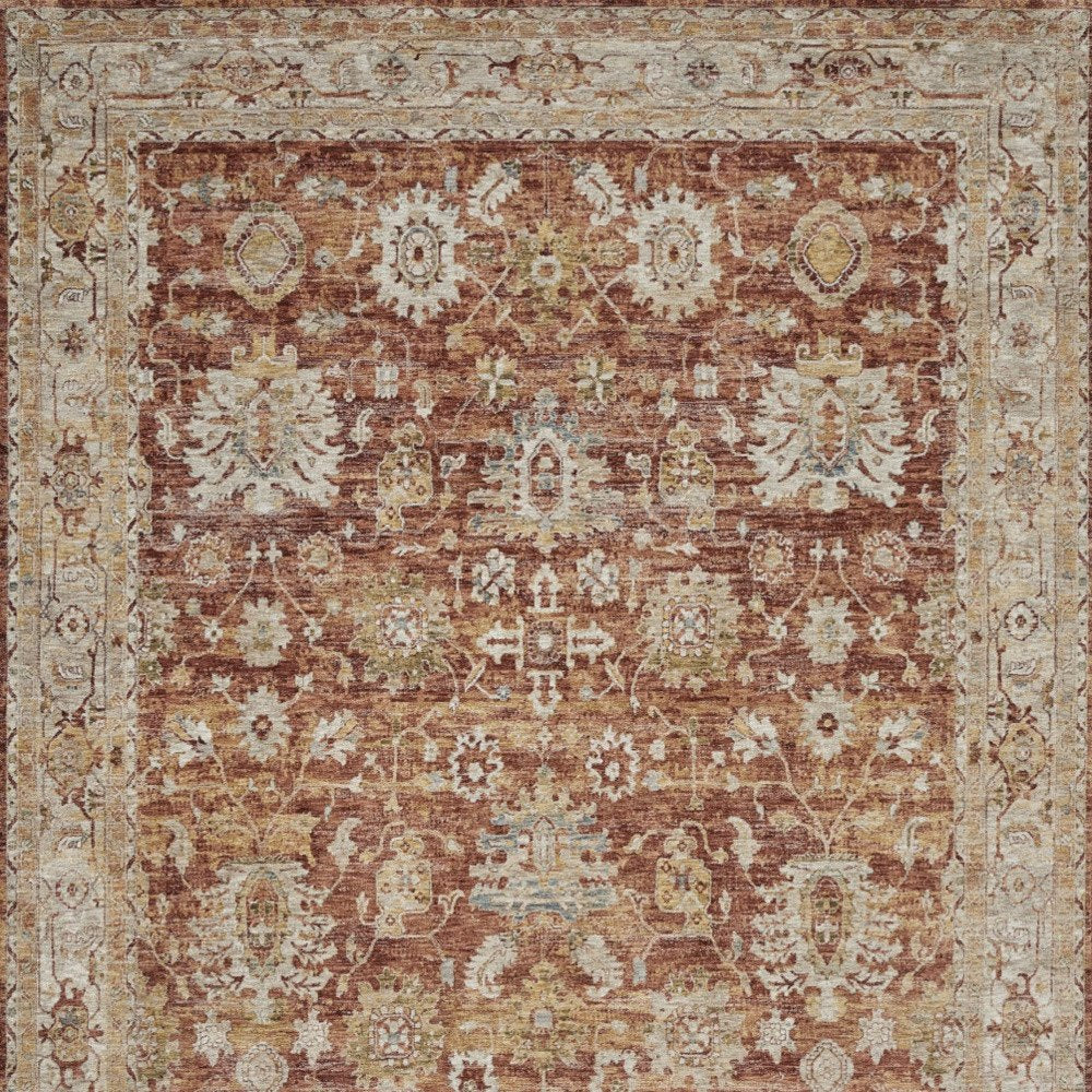 9' X 13' Rust Ivory And Blue Geometric Distressed Area Rug