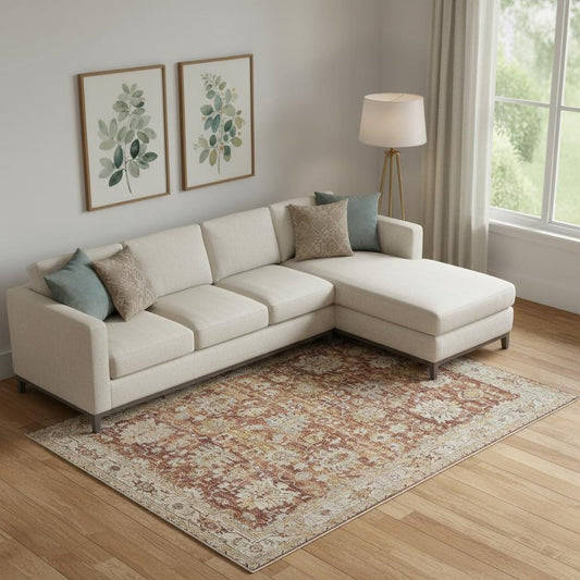 9' X 13' Rust Ivory And Blue Geometric Distressed Area Rug