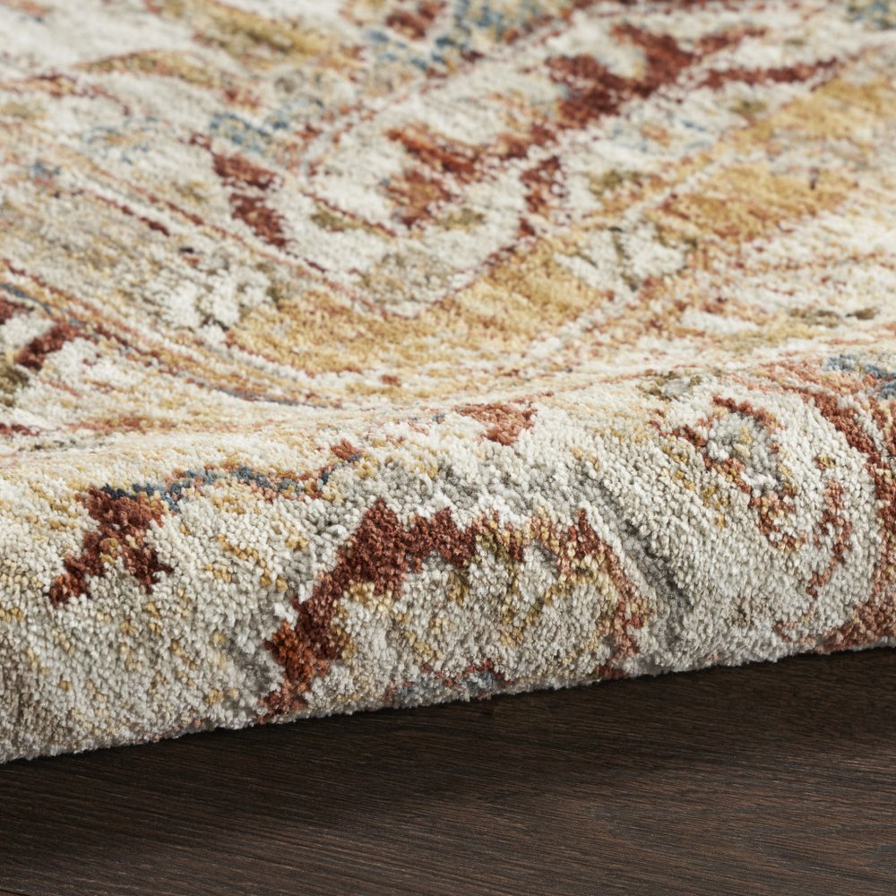 9' X 13' Rust Ivory And Blue Geometric Distressed Area Rug
