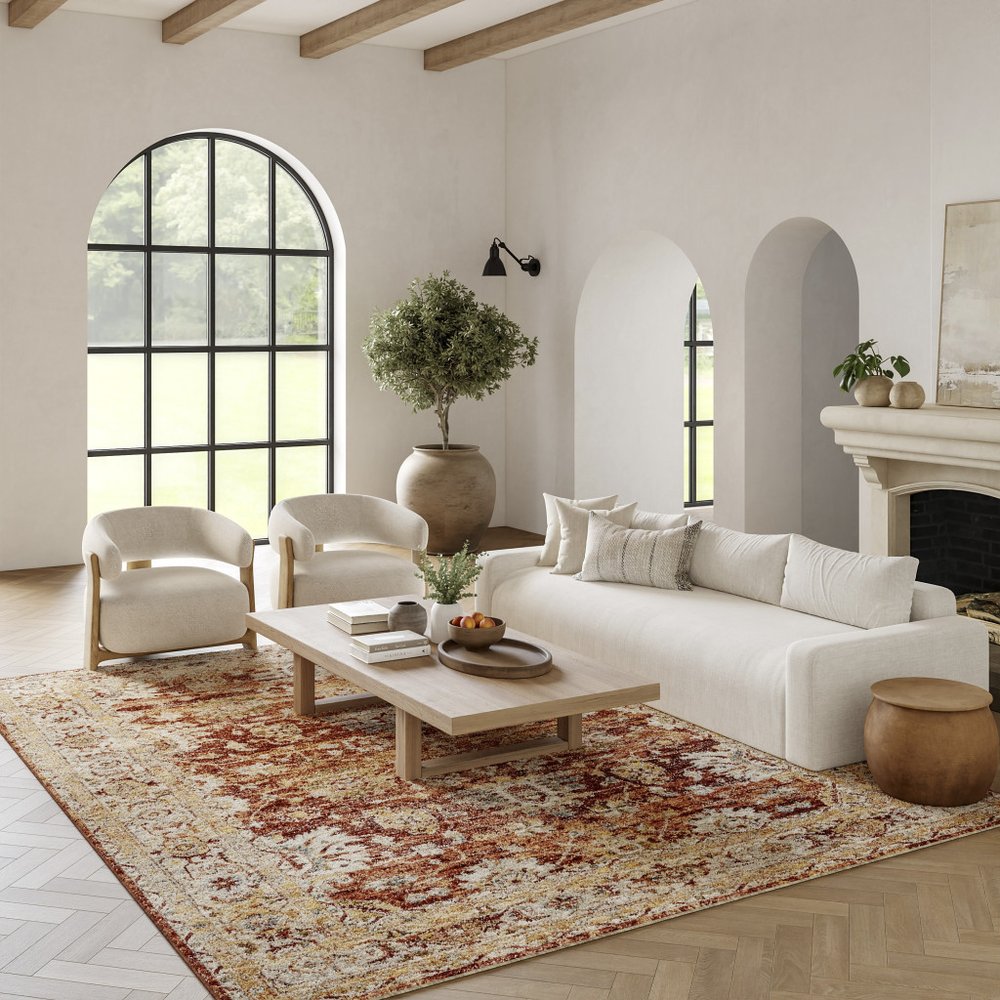 9' X 13' Rust Ivory And Blue Geometric Distressed Area Rug