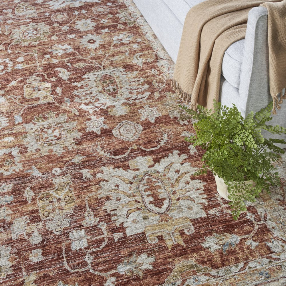 9' X 13' Rust Ivory And Blue Geometric Distressed Area Rug