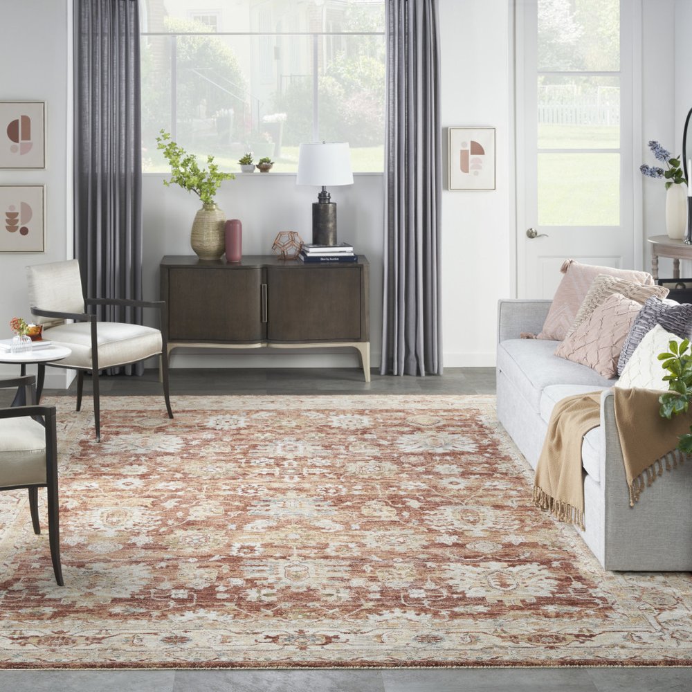 9' X 13' Rust Ivory And Blue Geometric Distressed Area Rug