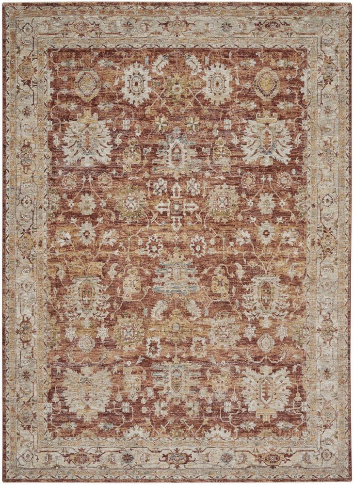 9' X 13' Rust Ivory And Blue Geometric Distressed Area Rug