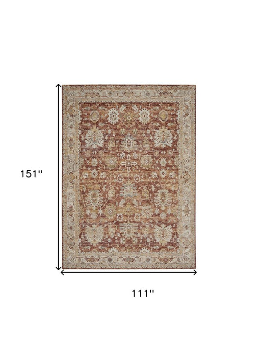 9' X 13' Rust Ivory And Blue Geometric Distressed Area Rug