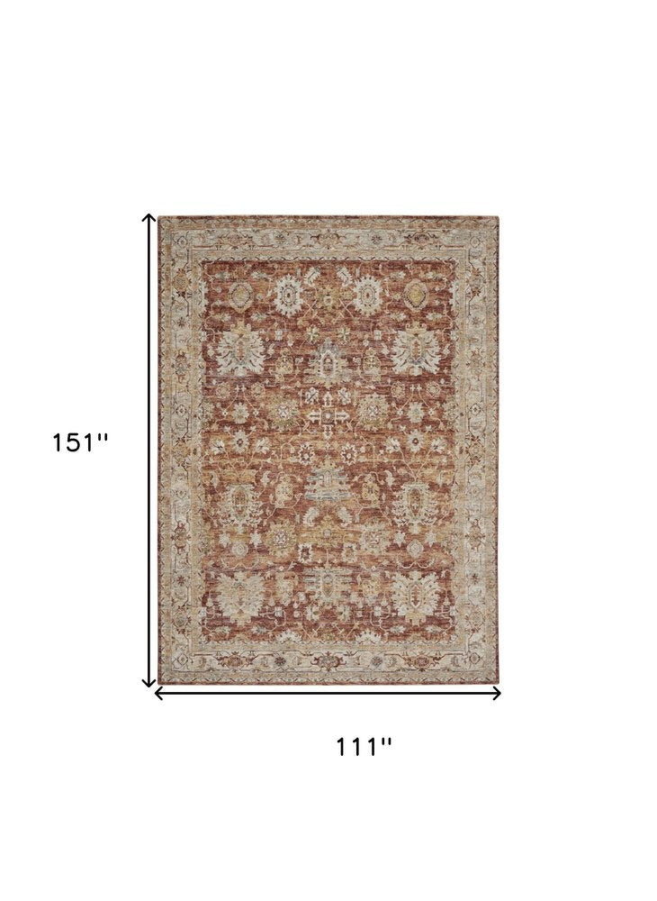 9' X 13' Rust Ivory And Blue Geometric Distressed Area Rug