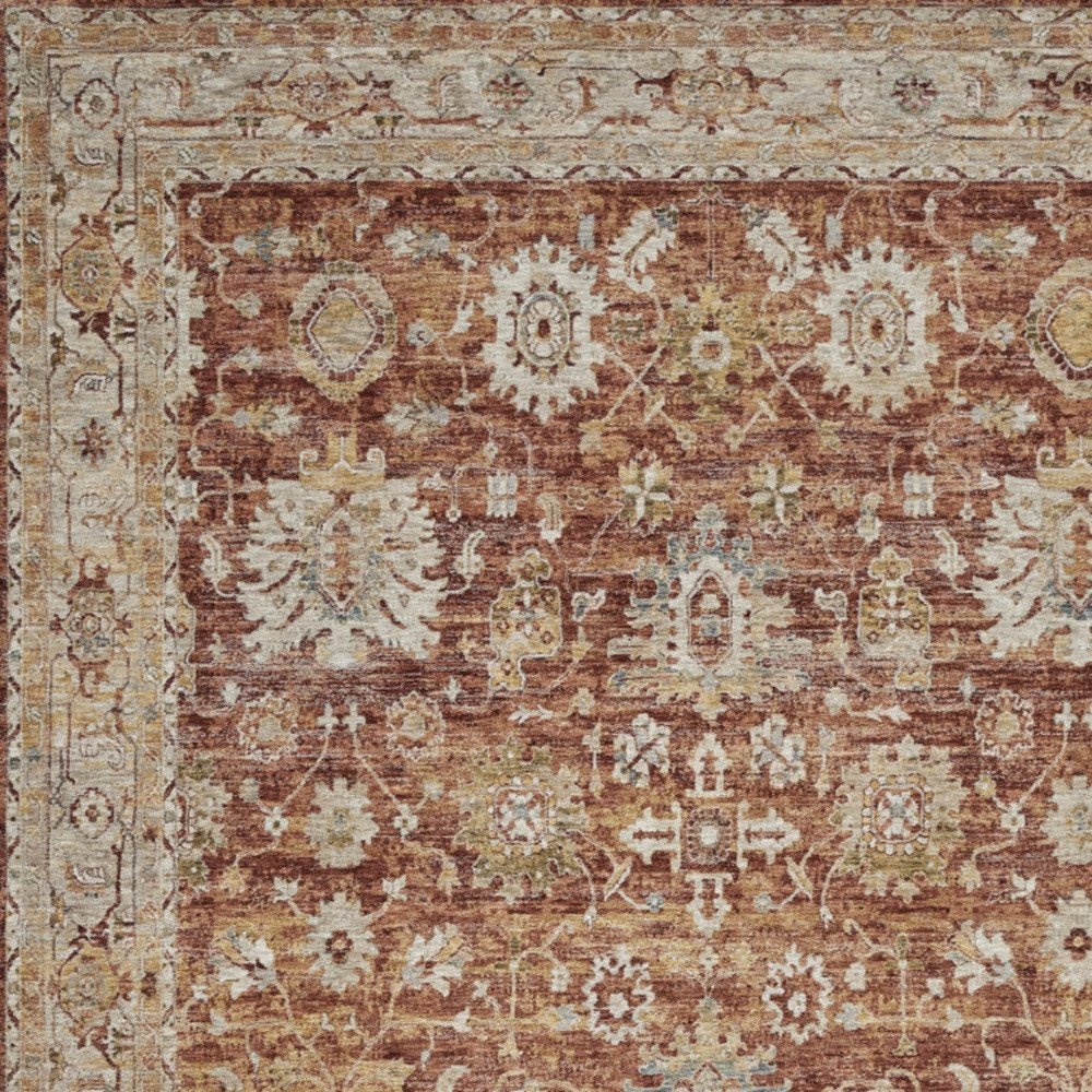 9' X 13' Rust Ivory And Blue Geometric Distressed Area Rug