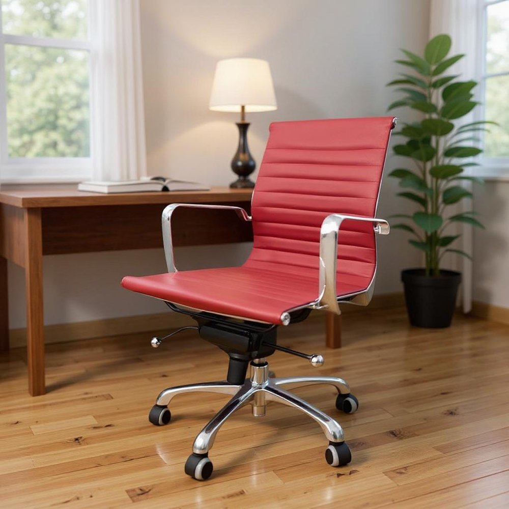 Red and Silver Faux Leather Adjustable Height Swivel Rolling Office Chair