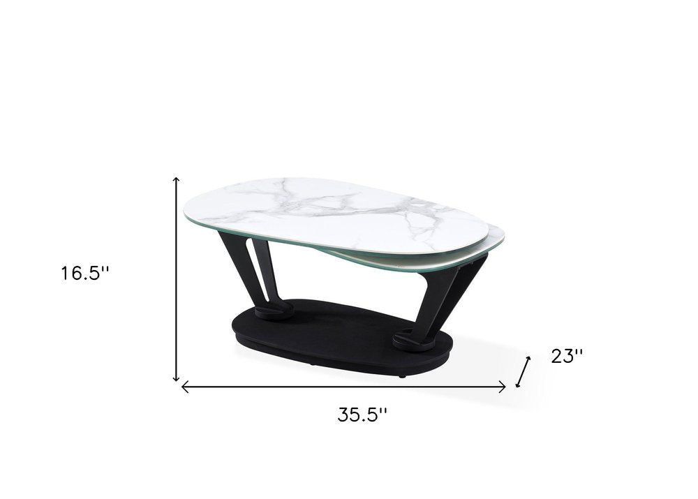 36" White And Black Faux Marble And Metal Oval Coffee Table
