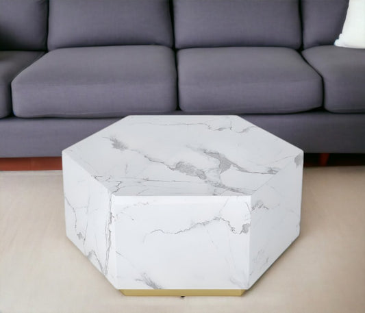 35" White And Gold Faux Marble Hexagon Drum Coffee Table