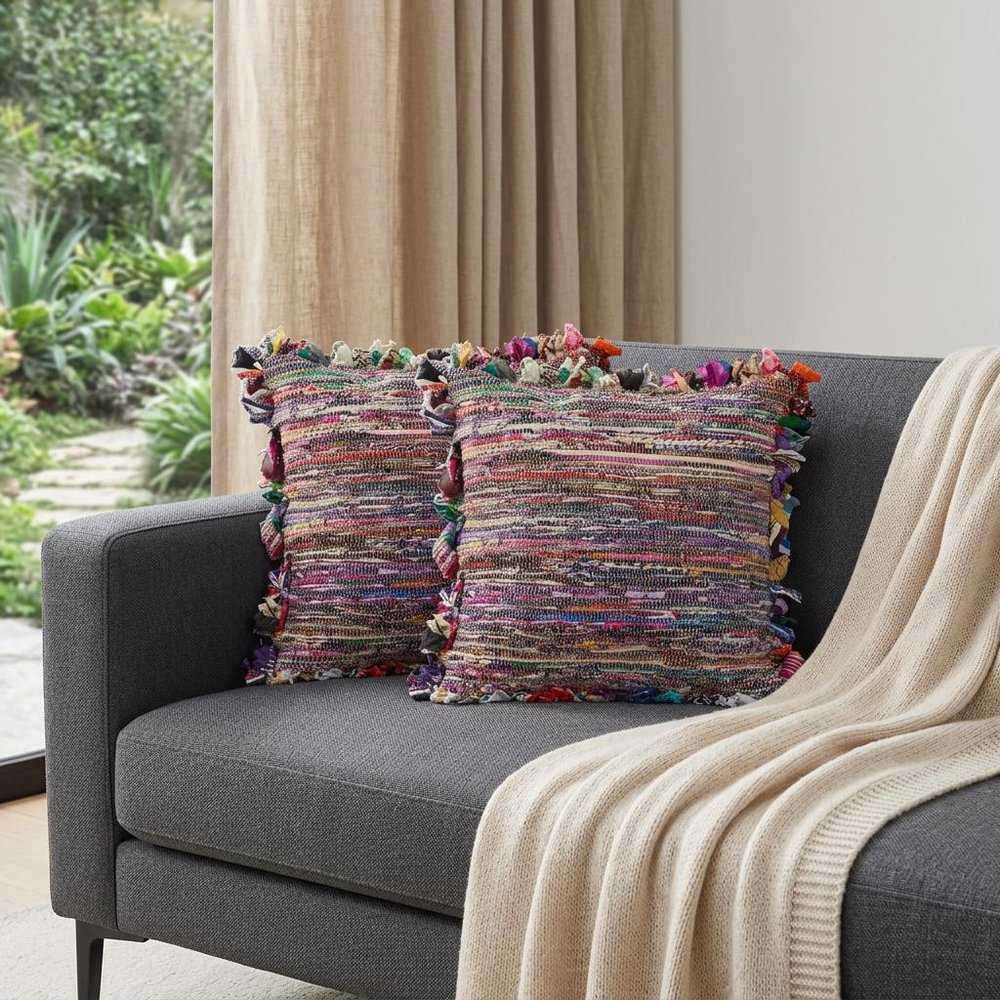 Set of Two Pink Striped Rayon Throw Pillow With Ruffle