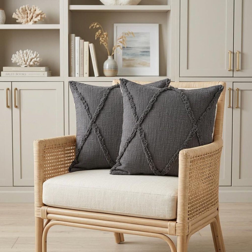 Set of Two Dark Gray Diamond Cotton Throw Pillow With Fringe