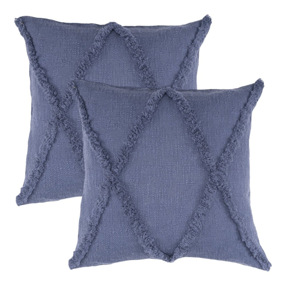 Set of Two Blue Diamond Cotton Throw Pillow With Fringe