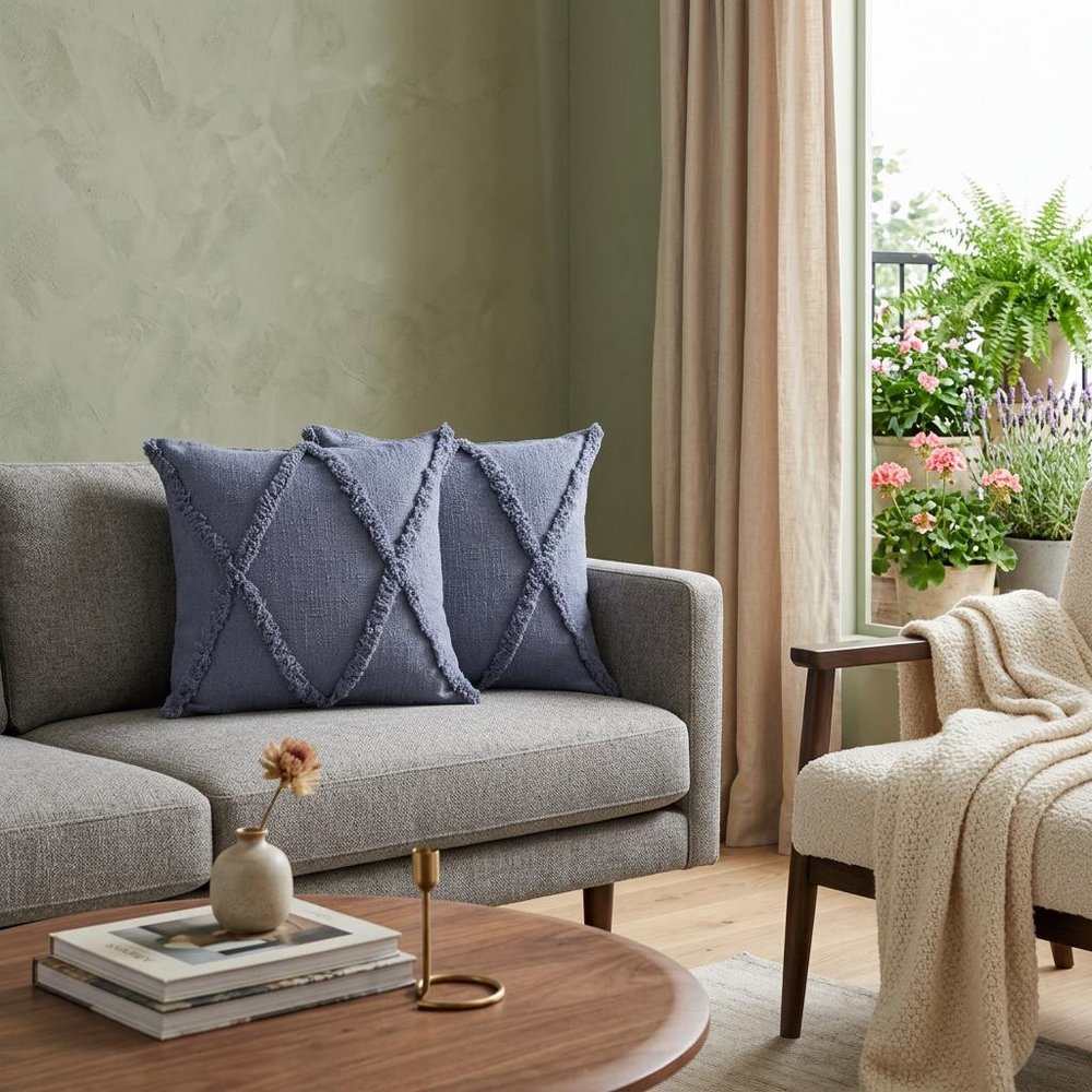 Set of Two Blue Diamond Cotton Throw Pillow With Fringe