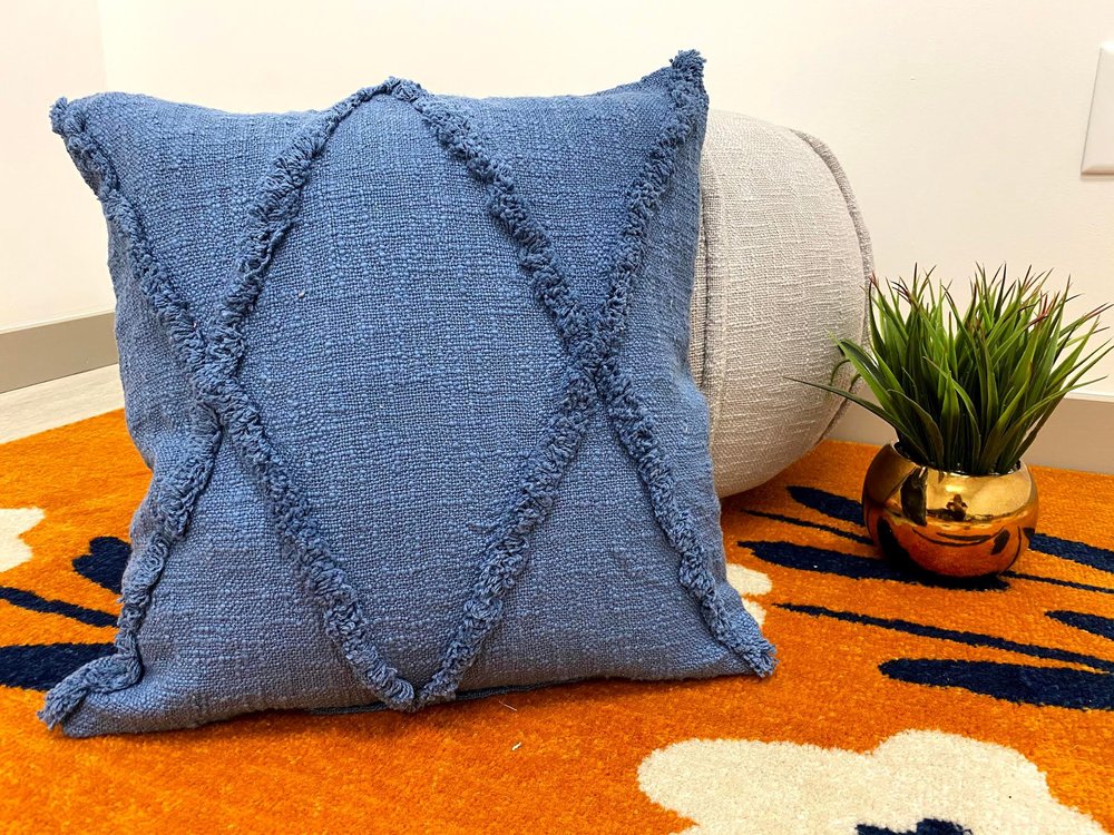 Set of Two Blue Diamond Cotton Throw Pillow With Fringe