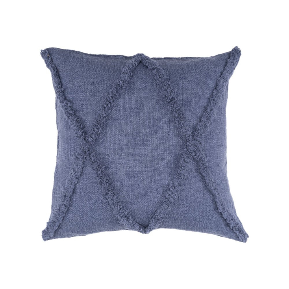 Set of Two Blue Diamond Cotton Throw Pillow With Fringe