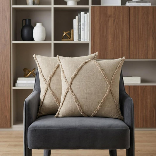 Set of Two Taupe and Brown Diamond Cotton Throw Pillow With Fringes