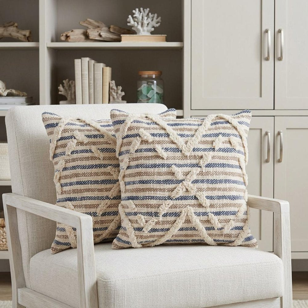 Set of Two Blue Diamond Cotton Throw Pillow With Fringe