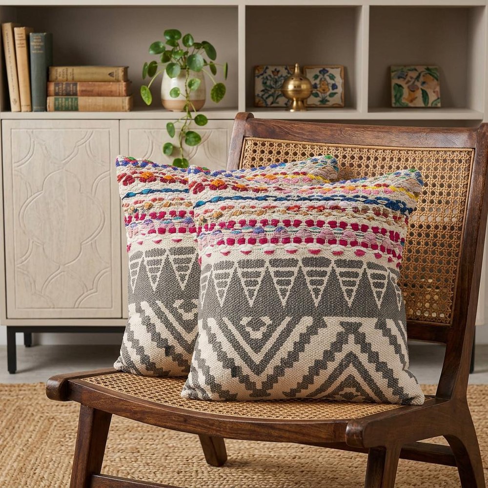 Set of Two Gray Chevron Cotton Throw Pillow