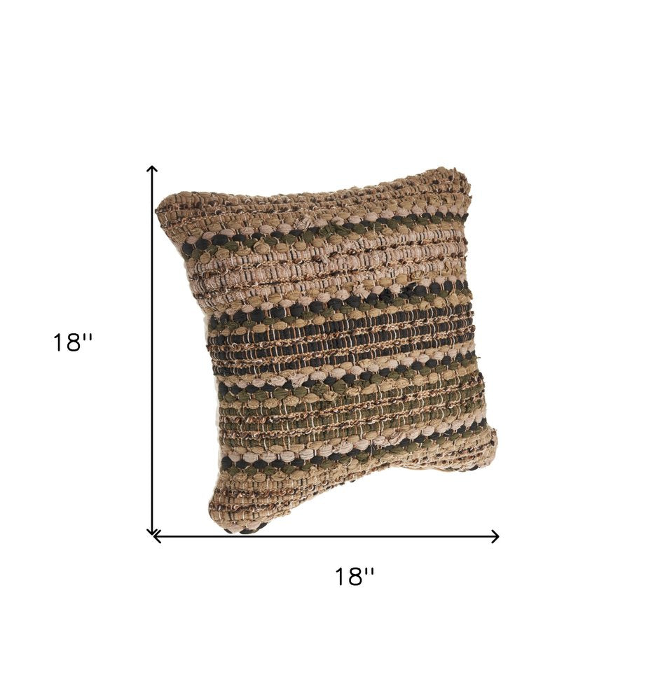 Set of Two 18" Brown and Dark Green Striped Cotton Blend Throw Pillows with Texture