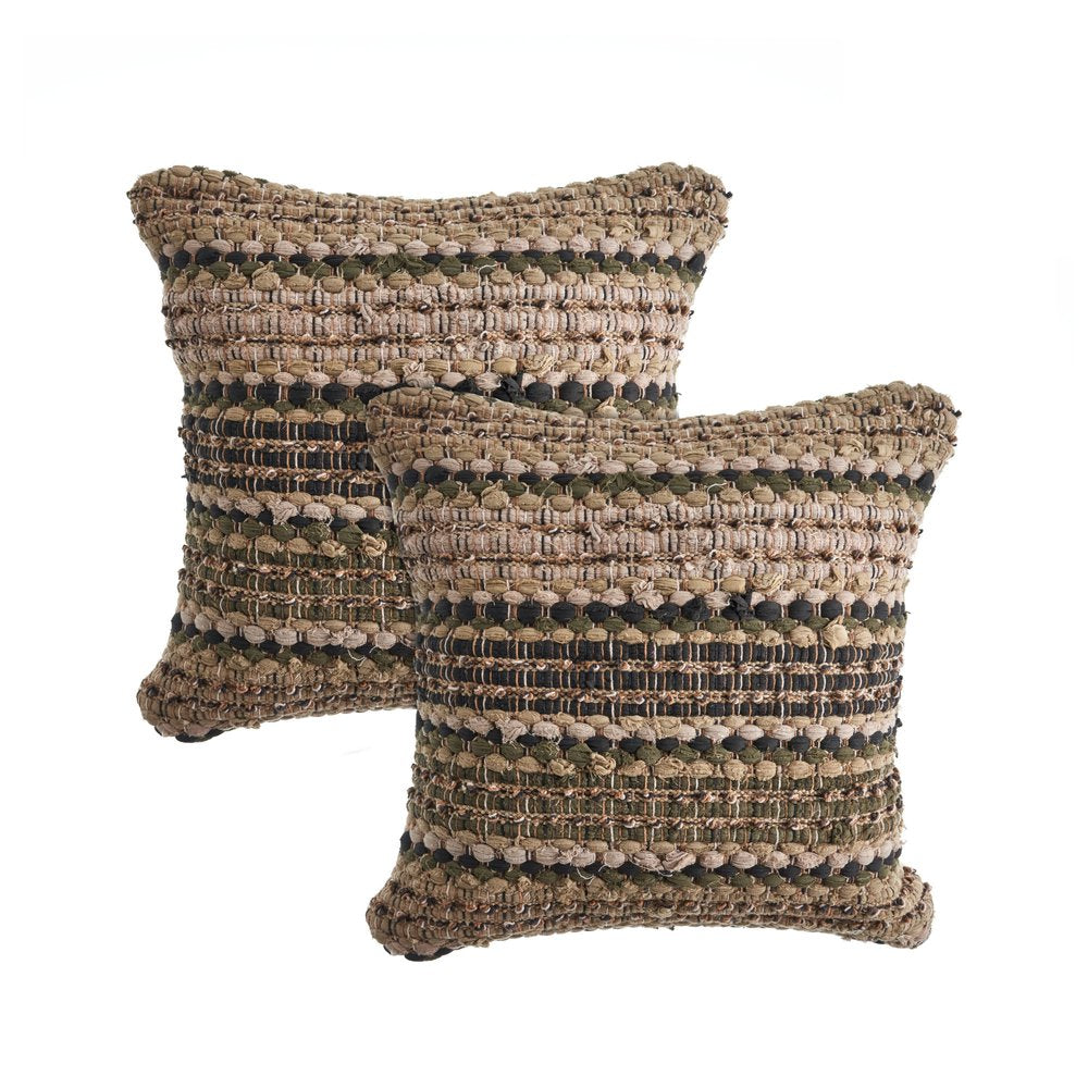 Set of Two 18" Brown and Dark Green Striped Cotton Blend Throw Pillows with Texture