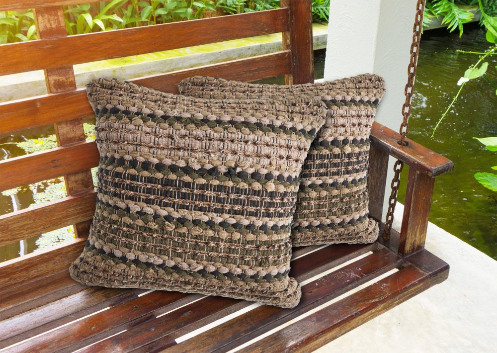 Set of Two 18" Brown and Dark Green Striped Cotton Blend Throw Pillows with Texture