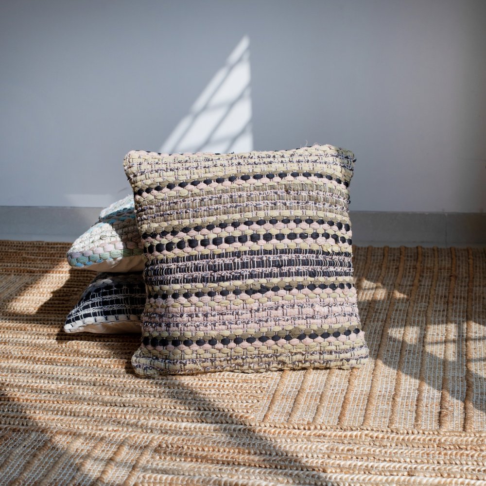Set of Two 18" Brown and Dark Green Striped Cotton Blend Throw Pillows with Texture