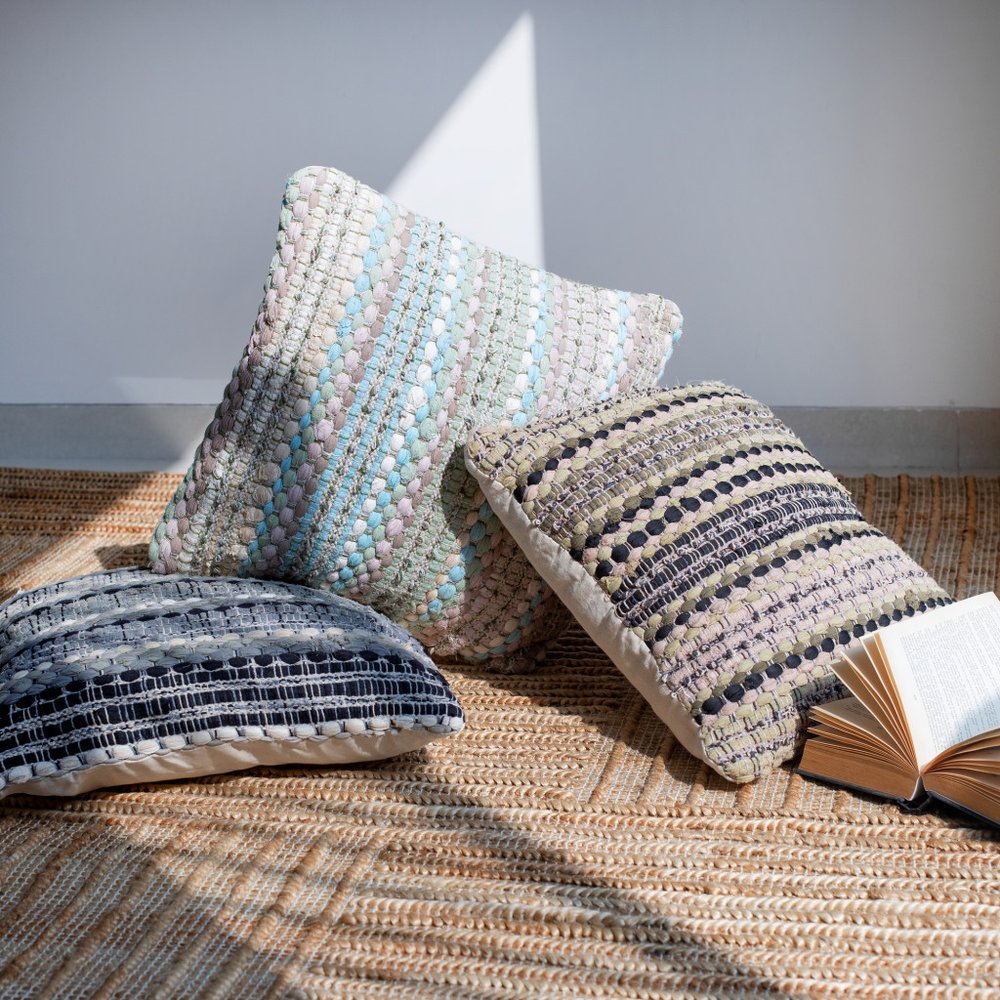 Set of Two 18" Brown and Dark Green Striped Cotton Blend Throw Pillows with Texture