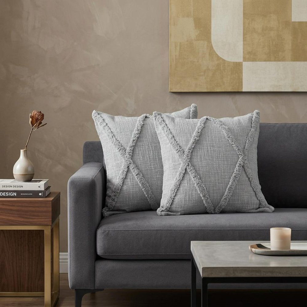 Set of Two Light Gray Diamond Cotton Throw Pillow With Fringe