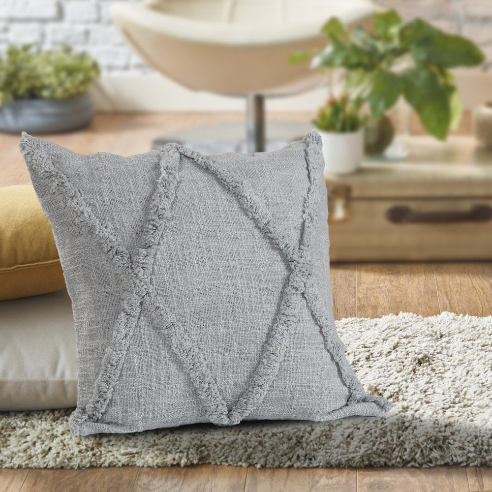 Set of Two Light Gray Diamond Cotton Throw Pillow With Fringe