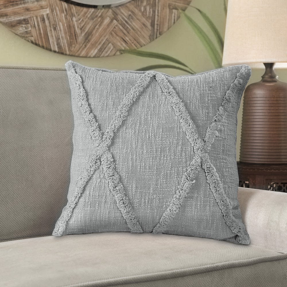 Set of Two Light Gray Diamond Cotton Throw Pillow With Fringe