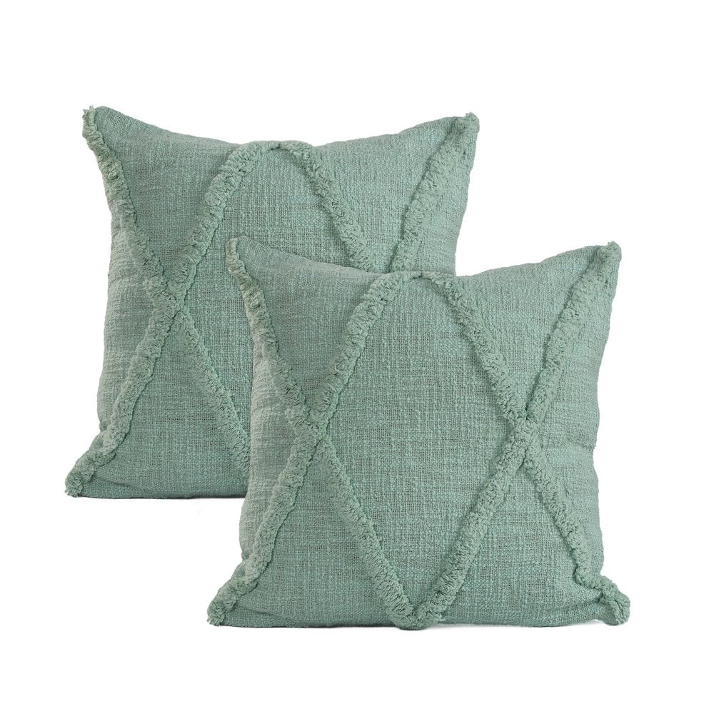 Set of Two Green Diamond Cotton Throw Pillow With Fringe