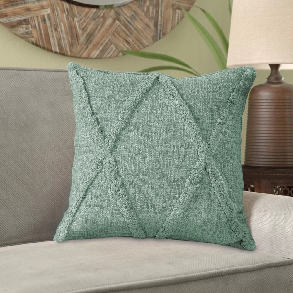 Set of Two Green Diamond Cotton Throw Pillow With Fringe