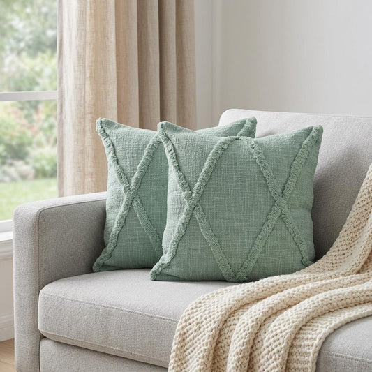 Set of Two Green Diamond Cotton Throw Pillow With Fringe