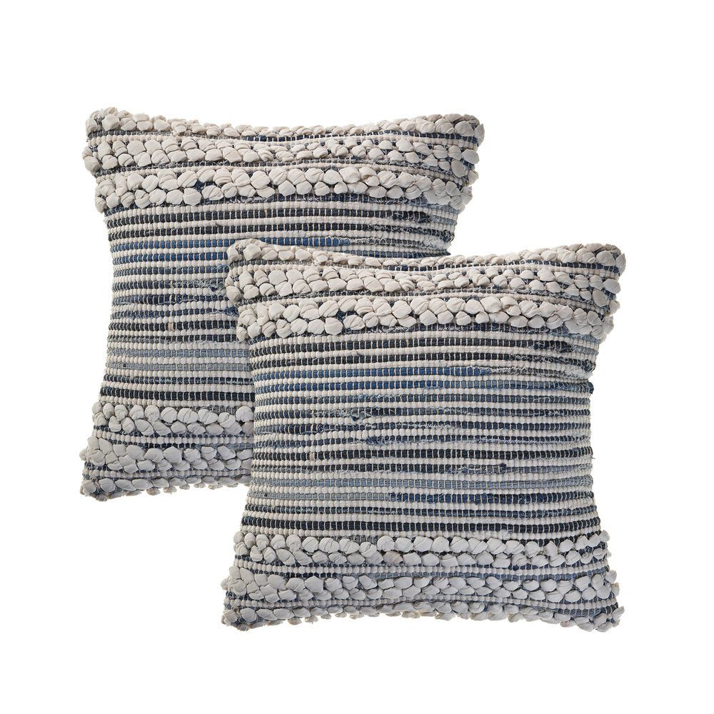 Set of Two 18" Blue And Ivory Cotton Throw Pillows with Texture