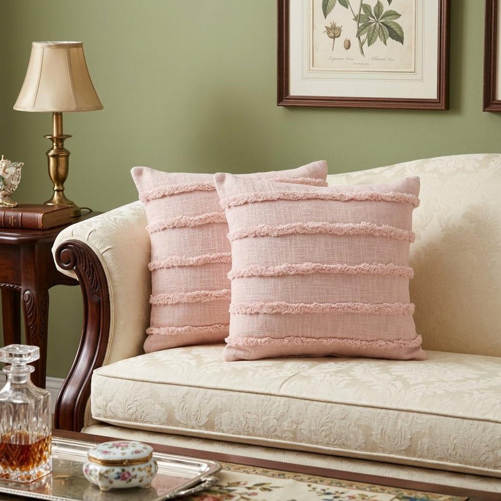 Set of Two Pink Ribbed Cotton Throw Pillows With Fringe