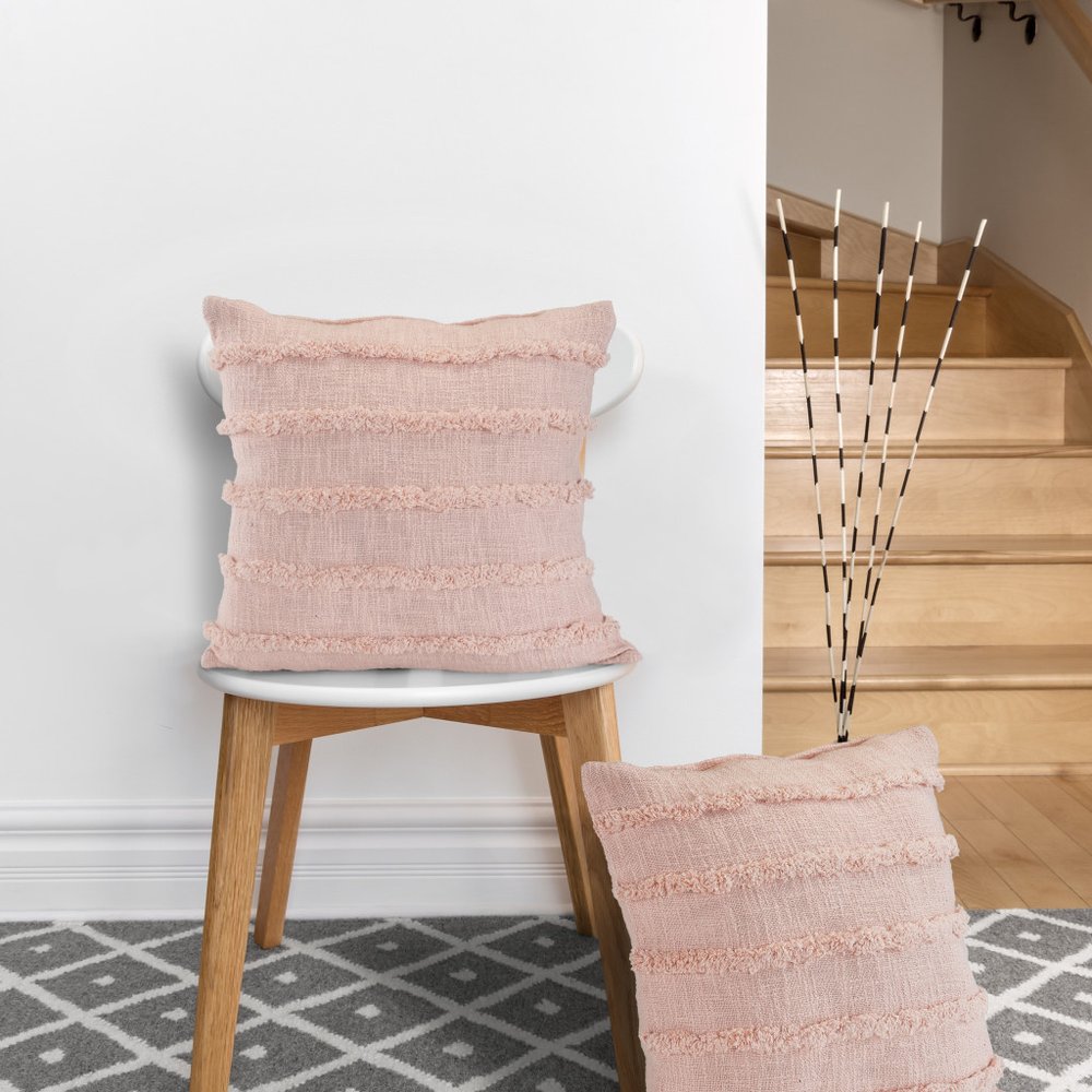 Set of Two Pink Ribbed Cotton Throw Pillows With Fringe