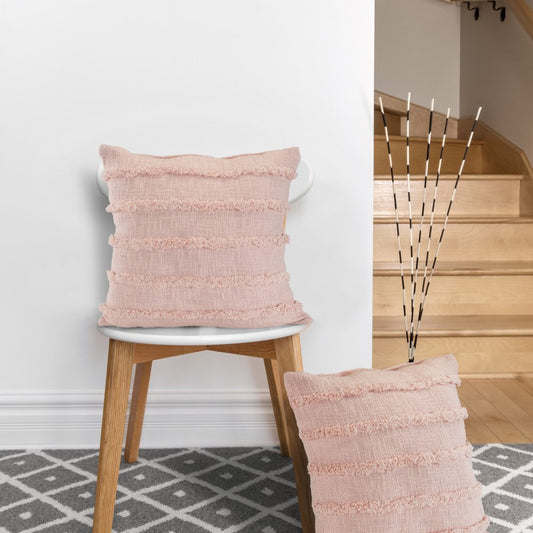 Set of Two Pink Ribbed Cotton Throw Pillows With Fringe