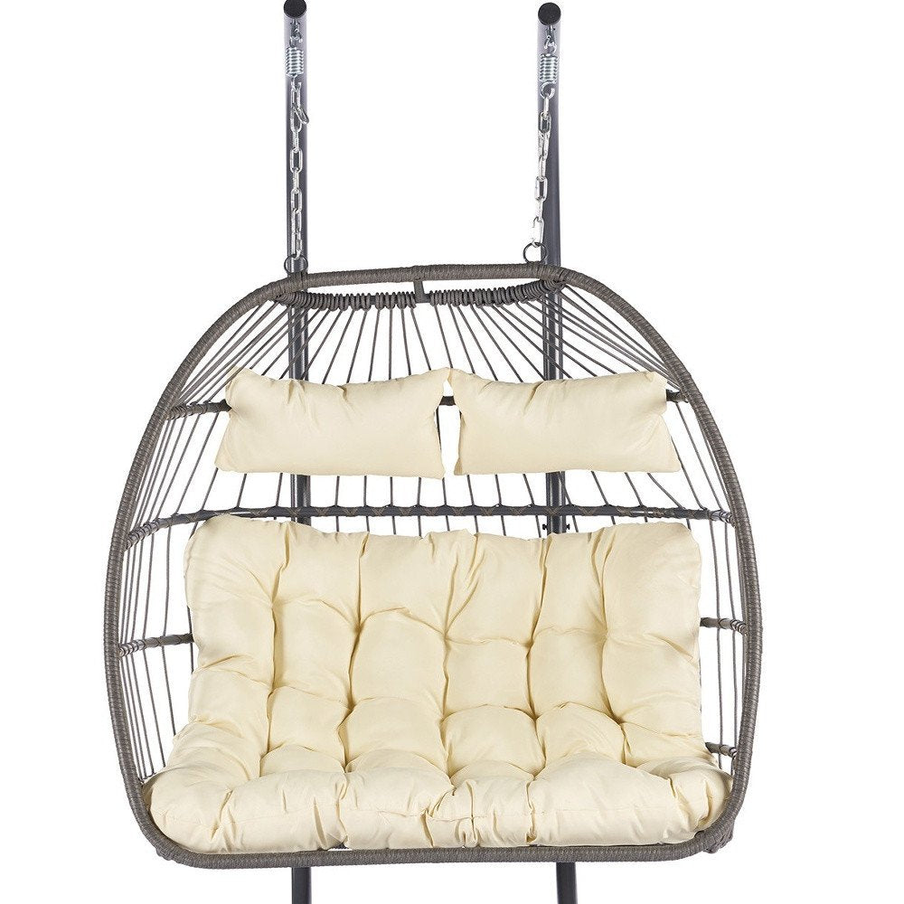 38" Beige Gray And Black Faux Rattan Steel Outdoor Folding Egg Chair