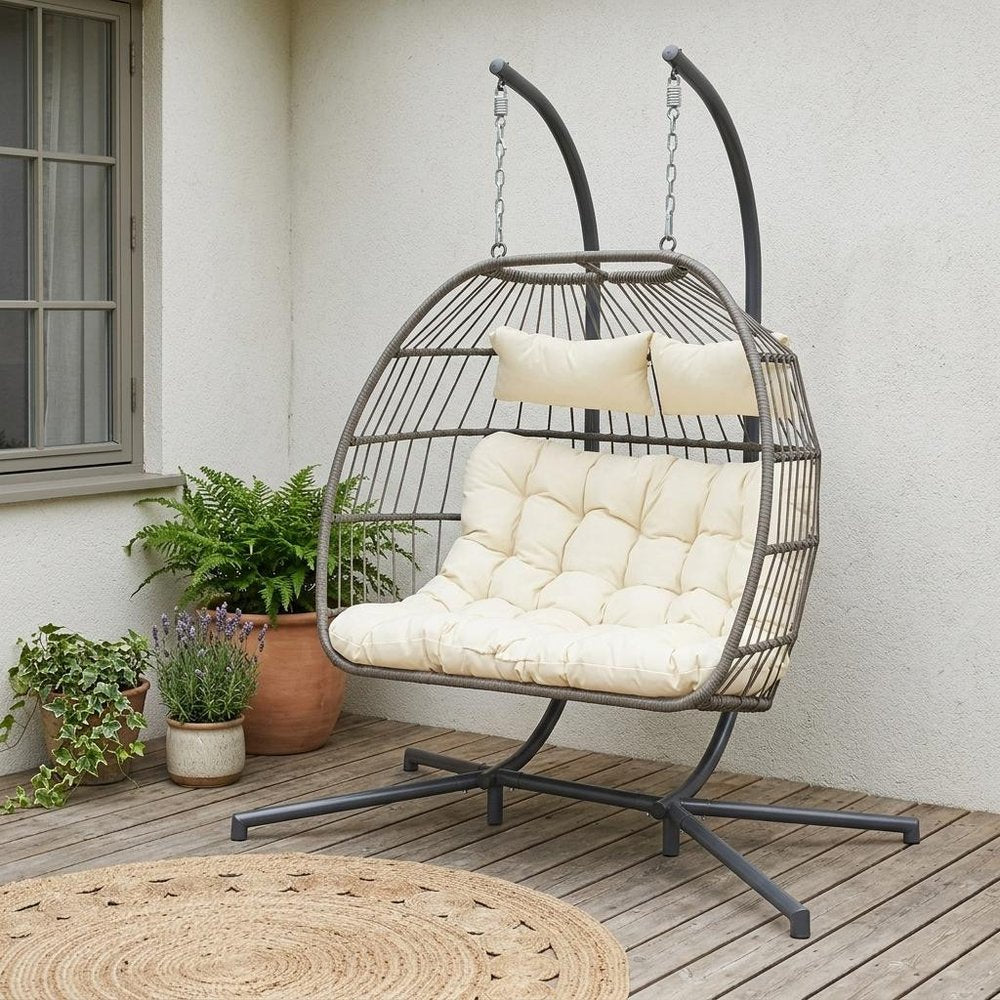 38" Beige Gray And Black Faux Rattan Steel Outdoor Folding Egg Chair