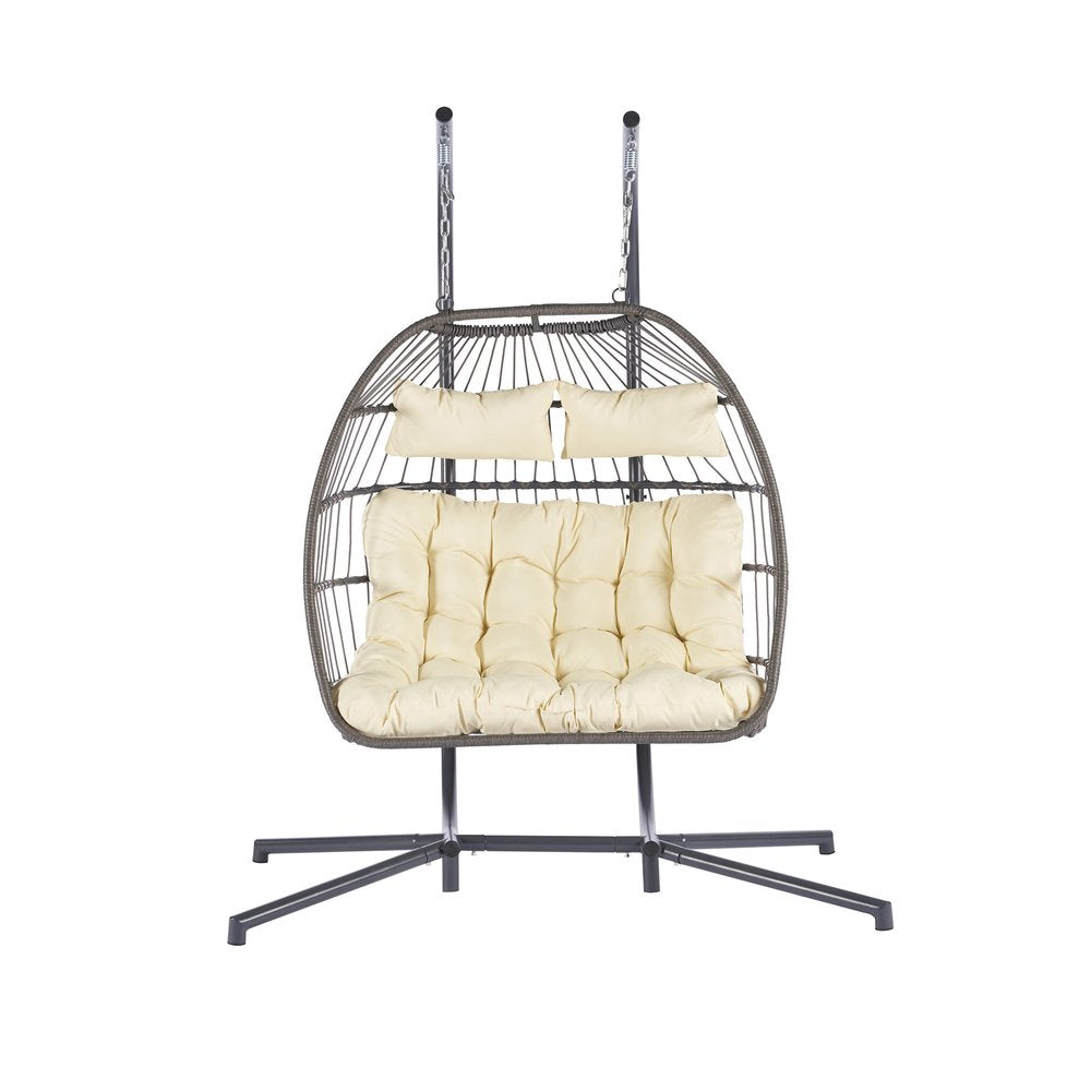 38" Beige Gray And Black Faux Rattan Steel Outdoor Folding Egg Chair