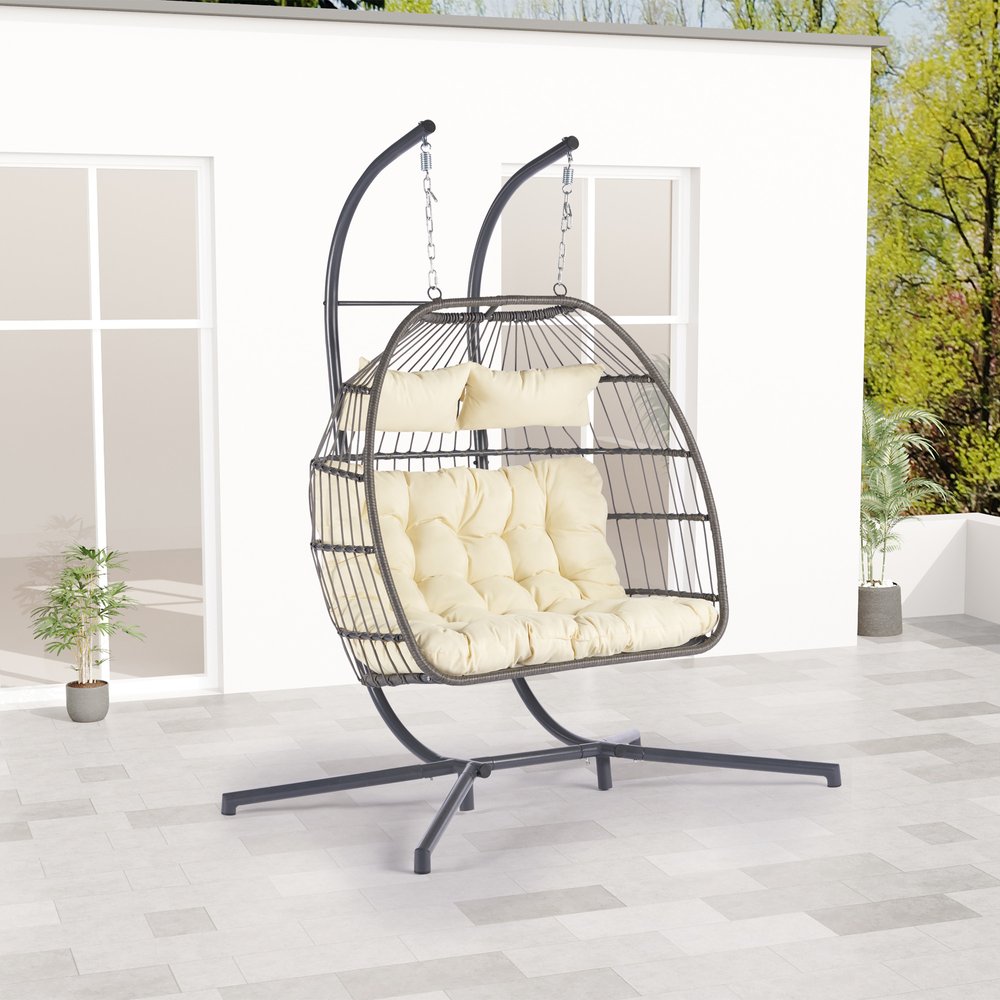 38" Beige Gray And Black Faux Rattan Steel Outdoor Folding Egg Chair