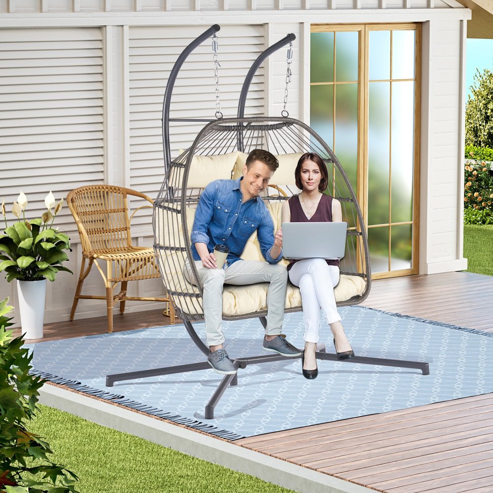 38" Beige Gray And Black Faux Rattan Steel Outdoor Folding Egg Chair