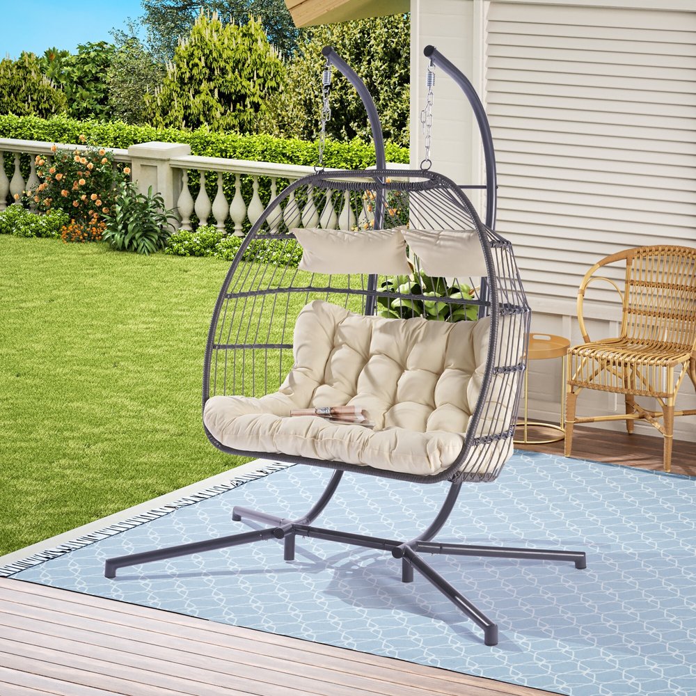 38" Beige Gray And Black Faux Rattan Steel Outdoor Folding Egg Chair