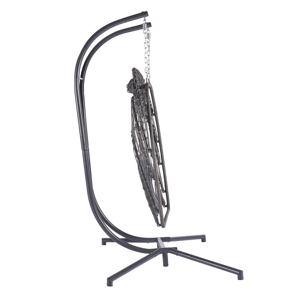 38" Beige Gray And Black Faux Rattan Steel Outdoor Folding Egg Chair