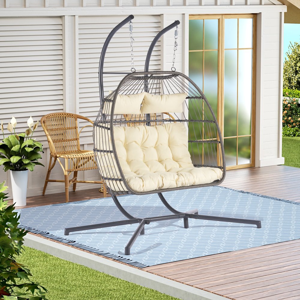 38" Beige Gray And Black Faux Rattan Steel Outdoor Folding Egg Chair