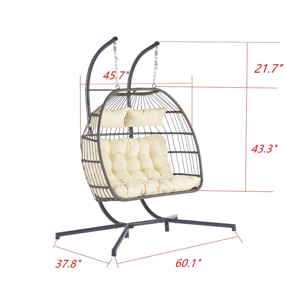 38" Beige Gray And Black Faux Rattan Steel Outdoor Folding Egg Chair
