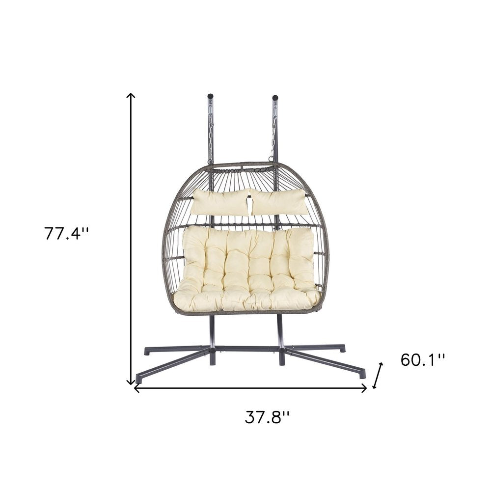 38" Beige Gray And Black Faux Rattan Steel Outdoor Folding Egg Chair