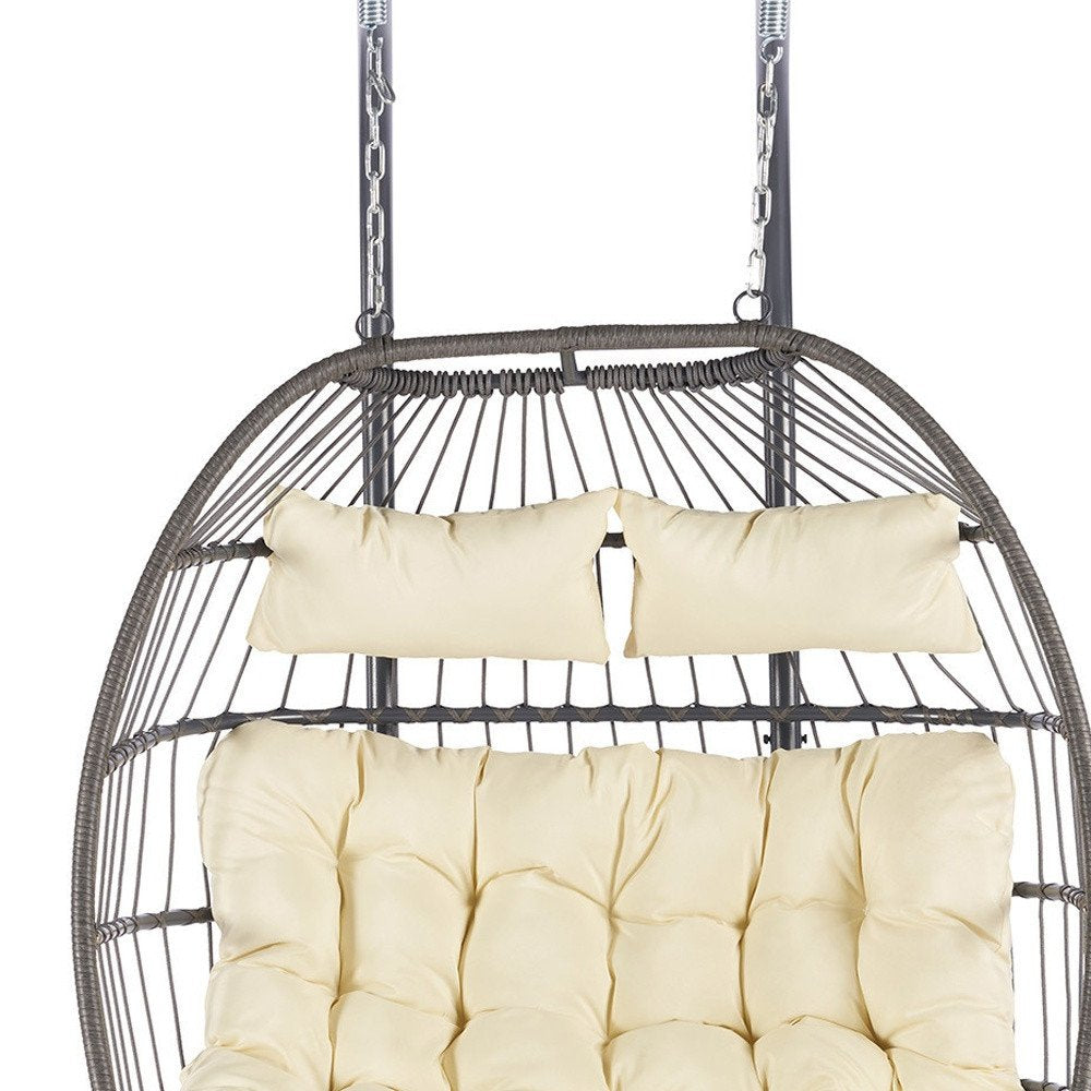 38" Beige Gray And Black Faux Rattan Steel Outdoor Folding Egg Chair