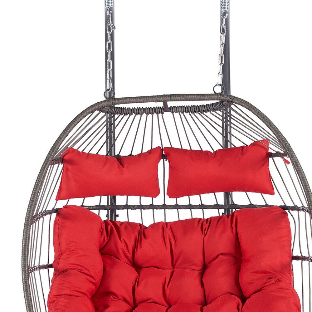 38" Red Gray And Black Faux Rattan Steel Outdoor Folding Egg Chair