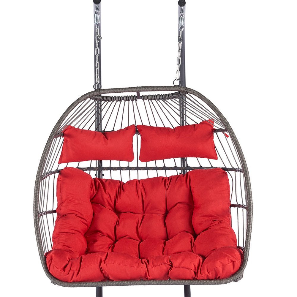 38" Red Gray And Black Faux Rattan Steel Outdoor Folding Egg Chair